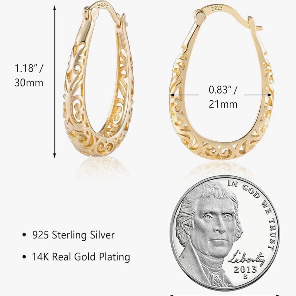 NEW 14K Gold Plated Filigree Hoop Earrings - Picture 2 of 3